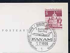 Postmark - West Berlin 1966 postcard bearing 8pfg stamp with special cancellation for the First Boeing 727 Pan-Am Flight between West Berlin and Nuremburg illustrated with 727 aircraft, stamps on aviation       americana      boeing, stamps on 727