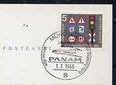 Postmark - West Germany 1966 postcard bearing 5pfg stamp with special cancellation for the First Boeing 727 Pan-Am Flight between Munich and West Berlin illustrated with 727 aircraft, stamps on , stamps on  stamps on aviation       americana     boeing, stamps on 727