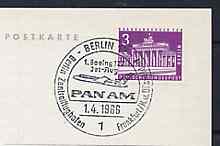 Postmark - West Berlin 1966 postcard bearing 3pfg stamp with special cancellation for the First Boeing 727 Pan-Am Flight between West Berlin and Frankfurt illustrated with 727 aircraft, stamps on , stamps on  stamps on aviation       americana      boeing, stamps on 727