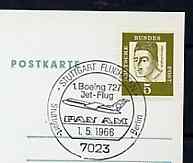 Postmark - West Germany 1966 postcard bearing 5pfg stamp with special cancellation for the First Boeing 727 Pan-Am Flight between Stuttgart and West Berlin illustrated with 727 aircraft, stamps on , stamps on  stamps on aviation       americana     boeing, stamps on 727