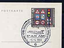 Postmark - West Germany 1966 postcard bearing 5pfg stamp with special cancellation for the First Boeing 727 Pan-Am Flight between Frankfurt and West Berlin illustrated with 727 aircraft, stamps on aviation       americana     boeing, stamps on 727