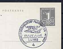 Postmark - West Germany 1966 postcard bearing 1pfg stamp with special cancellation for the First Boeing 727 Pan-Am Flight between DŸsseldorf and West Berlin illustrated with 727 aircraft, stamps on , stamps on  stamps on aviation       americana     boeing, stamps on 727