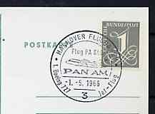 Postmark - West Germany 1966 postcard bearing 1pfg stamp with special cancellation for the First Boeing 727 Pan-Am Flight between Hanover and West Berlin illustrated with 727 aircraft, stamps on aviation       americana     boeing, stamps on 727