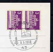 Postmark - West Berlin 1968 postcard bearing 2 x 3pfg stamps with special cancellation for the Essen Space On Stamps Exhibition illustrated with a Rocket & Krupp Departme..., stamps on space, stamps on stamp exhibitions