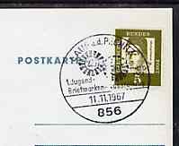 Postmark - West Germany 1967 postcard bearing 5pfg stamp with special cancellation for the First Youth Stamp Exhibition illustrated with '180 & 275 Millwheel' handstamps, stamps on postal, stamps on stamp exhibitions, stamps on mills