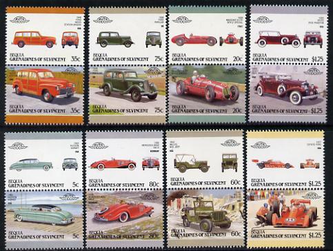 St Vincent - Bequia 1987 Cars #7 (Leaders of the World) set of 16 unmounted mint, stamps on , stamps on  stamps on cars    racing cars    stutz     ford    mercedes    hudson    maserati     willys jeep      militaria