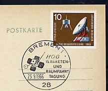 Postmark - West Germany 1966 postcard bearing 10pfg stamp with special cancellation for HOG 15th Rocket & Space Travel Congress illustrated with Artificial Satellite, stamps on space    communications