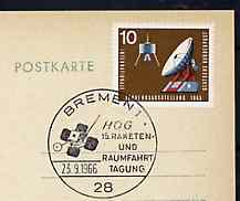 Postmark - West Germany 1966 postcard bearing 10pfg stamp with special cancellation for HOG 15th Rocket & Space Travel Congress illustrated with Artificial Satellite, stamps on , stamps on  stamps on space    communications