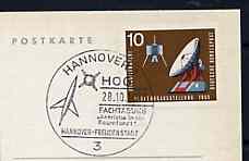 Postmark - West Germany 1966 postcard bearing 10pfg stamp with special cancellation for Specialist Congress on Space Travel, Hanover, illustrated with Rocket & Satellite , stamps on space