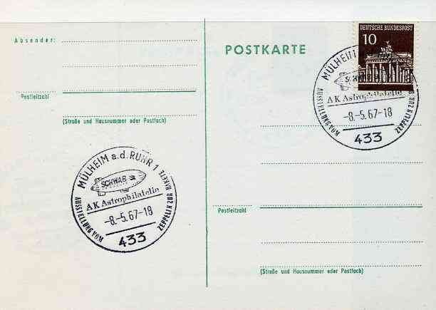 Postmark - West Germany 1967 postcard bearing 10pfg stamp with special cancellation for From Zeppelin to Rocket Exhibition, illustrated with Schwab Airship, stamps on space, stamps on aviation, stamps on zeppelins, stamps on airships