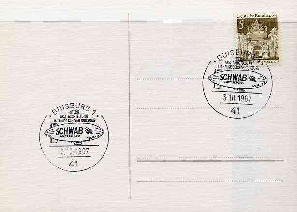 Postmark - West Germany 1967 postcard with special cancellation for Duisburg Space  Philately Exhibition, illustrated with Schwab Airship, stamps on space, stamps on aviation, stamps on airships