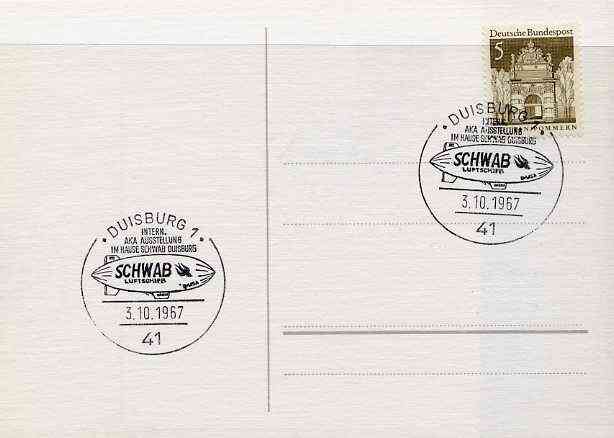 Postmark - West Germany 1967 postcard with special cancellation for Duisburg Space  Philately Exhibition, illustrated with Schwab Airship, stamps on , stamps on  stamps on space, stamps on  stamps on aviation, stamps on  stamps on airships