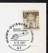 Postmark - West Germany 1967 postcard with special cancellation for Duisburg Space  Philately Exhibition, illustrated with Satellite in Orbit
