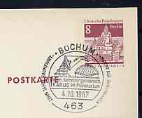 Postmark - West Berlin 1967 8pfg postal stationery card with special cancellation for Bochum Space on Stamps Exhibition illustrated with Planetarium & Satellite, stamps on , stamps on  stamps on space, stamps on  stamps on communications, stamps on  stamps on stamp exhibitions, stamps on  stamps on astronomy, stamps on  stamps on astrology