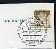 Postmark - West Germany 1967 postcard bearing 5pfg stamp with special cancellation for Bochum First Ruhrland Stamp Exhibition illustrated with Globe, Satellite, Stamp & Magnifying glass, stamps on communications, stamps on stamp exhibitions
