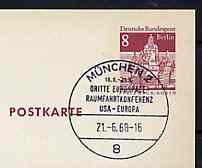 Postmark - West Berlin 1968 8pfg postal stationery card with special cancellation for Third Eurospace - Space Travel Conference - USA & Europe (Munich), stamps on , stamps on  stamps on space    americana