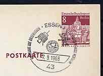 Postmark - West Berlin 1969 8pfg postal stationery card with special cancellation for Space Travel on Stamps Exhibition, Essen illustrated with Globe & two Satellites, stamps on space      communications    globes
