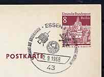 Postmark - West Berlin 1969 8pfg postal stationery card with special cancellation for Space Travel on Stamps Exhibition, Essen illustrated with Globe & two Satellites, stamps on , stamps on  stamps on space      communications    globes