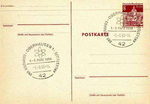 Postmark - West Berlin 1968 8pfg postal stationery card with special cancellation for Congress on Computers & Employees illustrated with Atomium, stamps on , stamps on  stamps on nuclear      science     atomics     computers