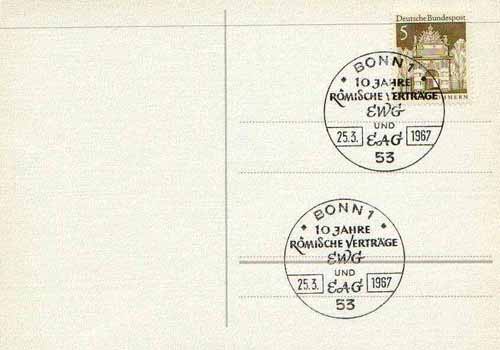 Postmark - West Germany 1967 postcard with special cancellation for the Tenth Anniversary of Treaty of Rome, which introduced the Common Market & the European Atomic Ener..., stamps on nuclear, stamps on science, stamps on energy, stamps on atomics
