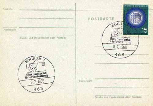 Postmark - West Berlin 1966 postcard with special cancellation for the Introduction of electronic Letter Sorting illustrated with stylised letter and Nuclear symbol, stamps on , stamps on  stamps on nuclear      science     atomics        postal