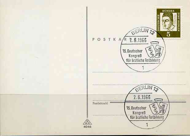 Postmark - West Berlin 1966 postcard with special cancellation for German Congress for Medical Further Education illustrated with Shields, stamps on , stamps on  stamps on medical