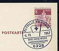 Postmark - West Berlin 1967 8pfg postal stationery card with special cancellation for Red Cross Societies Meeting illustrated with Red Cross Flag, stamps on red cross          flags
