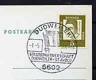 Postmark - West Germany 1966 postcard with special cancellation for Stamp Exhibition for Twinning of Dudweiler & St Avold, illustrated with German & French Flags, stamps on flags     stamp exhibitions