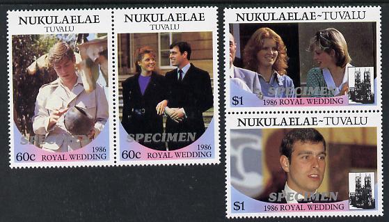 Tuvalu - Nukulaelae 1986 Royal Wedding (Andrew & Fergie) set of 4 (2 se-tenant pairs) overprinted SPECIMEN unmounted mint, stamps on royalty, stamps on andrew, stamps on fergie, stamps on 