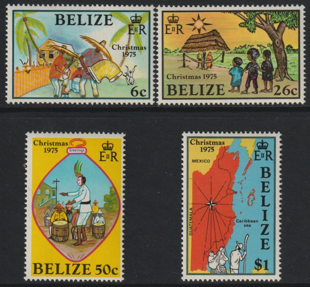 Belize 1975 Christmas set of 4 unmounted mint, SG 435-38, stamps on christmas, stamps on maps, stamps on dance, stamps on music