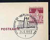 Postmark - West Berlin 1968 8pfg postal stationery card with special cancellation for 20th Anniversary of Berlin Airlift Stamp Exhibition illustrated with Airlift Monumen..., stamps on americana    stamp exhibitions