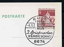 Postmark - West Berlin 1967 postcard with special cancellation for 2nd Stamp Publicity Show illustrated with Bavarian 1k stamp