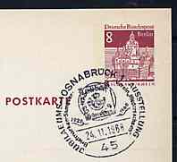 Postmark - West Berlin 1968 8pfg postal stationery card with special cancellation for Osnabrck Stamp Exhibition illustrated with 1860 1/2 groschen stamp of Hanover, stamps on stamp on stamp, stamps on stamp exhibitions, stamps on stamponstamp