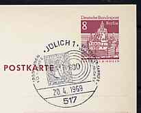 Postmark - West Berlin 1969 8pfg postal stationery card with special cancellation for JŸlich Stamp Collectors Association illustrated with Prussian stamp & 690 ring canc..., stamps on stamp on stamp, stamps on postal, stamps on stamponstamp