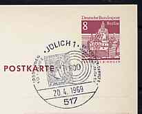 Postmark - West Berlin 1969 8pfg postal stationery card with special cancellation for Jlich Stamp Collectors' Association illustrated with Prussian stamp & '690' ring cancel, stamps on stamp on stamp, stamps on postal, stamps on stamponstamp