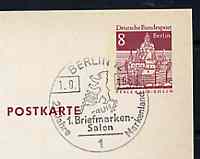 Postmark - West Berlin 1968 8pfg postal stationery card with special cancellation for 20th Anniversary of Stampland illustrated with Berlin Bear and part of stamp optd Be..., stamps on stamp on stamp, stamps on postal, stamps on stamponstamp