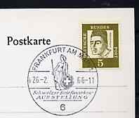 Postmark - West Germany 1966 postcard with special cancellation for Swiss Stamp Exhibition illustrated with Standing Helvetia, stamps on stamp exhibitions