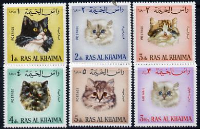 Ras Al Khaima 1967 Cats set of 6 unmounted mint (Mi 161-66A), stamps on animals  cats