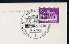 Postmark - West Berlin 1966 postcard with special cancellation for Bephila Stamp Exhibition illustrated with Postal Administration Building, stamps on stamp exhibitions