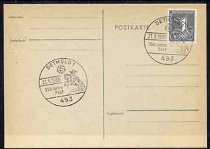 Postmark - West Germany 1966 postcard with special cancellation for 350 Years of Post in Detmold illustrated with Mounted Postal Courier, stamps on , stamps on  stamps on postal    horses    postman