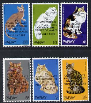 Pabay 1969 Cats perf set of 6 with Prince of Wales overprint unmounted mint, stamps on animals  cats  royalty, stamps on diana, stamps on charles, stamps on 