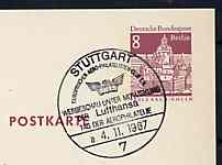 Postmark - West Berlin 1967 8pfg postal stationery card with special cancellation for Stuttgart Aerophilately Day & Stamp Exhibition illustrated with FISA Emblem, stamps on , stamps on  stamps on aviation, stamps on  stamps on stamp exhibitions