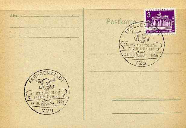 Postmark - West Berlin 1967 postcard with special Freudenstadt cancellation for Graf Zeppelin Philatelists' Club illustrated with head of Zeppelin & Airship, stamps on , stamps on  stamps on aviation, stamps on  stamps on airships, stamps on  stamps on zeppelins