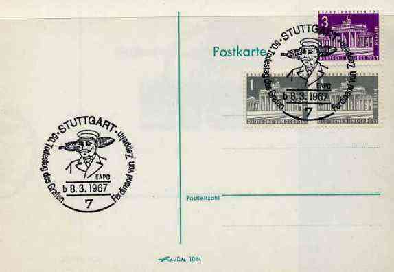 Postmark - West Berlin 1967 postcard with special Stuttgart cancellation for 50th Anniversary of Death of Count Ferd von Zeppelin illustrated with head of Zeppelin & Airs..., stamps on aviation, stamps on airships, stamps on death, stamps on zeppelins