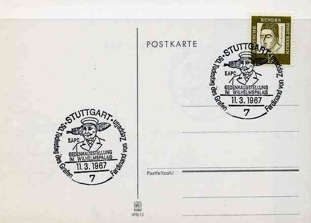 Postmark - West Berlin 1967 postcard with special Stuttgart cancellation for 50th Anniversary of Death of Count Ferd von Zeppelin Exhibition illustrated with head of Zepp..., stamps on aviation, stamps on airships, stamps on stamp exhibitions, stamps on death, stamps on zeppelins