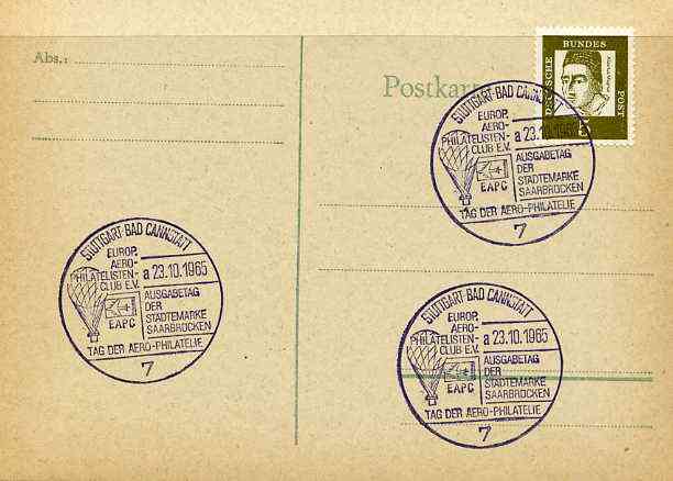 Postmark - West Germany 1965 postcard with special Stuttgart cancellation for Aerophilatelists' Day illustrated with Balloon, stamps on aviation     balloons     