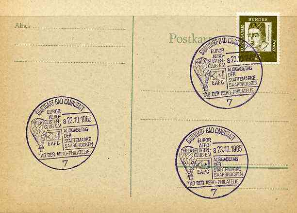 Postmark - West Germany 1965 postcard with special Stuttgart cancellation for Aerophilatelists' Day illustrated with Balloon, stamps on , stamps on  stamps on aviation     balloons     