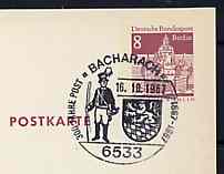 Postmark - West Berlin 1967 8pfg postal stationery card with special cancellation for 300 Years of the Post in Bacharach illustrated with Postillion & Towns Arms, stamps on postal    arms, stamps on heraldry, stamps on postman, stamps on 