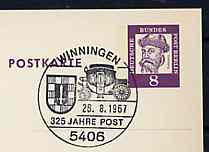 Postmark - West Berlin 1967 8pfg postal stationery card with special cancellation for 350 Years of the Post in Winningen illustrated with Mailcoach & Towns Arms, stamps on postal    arms, stamps on heraldry       mail coaches