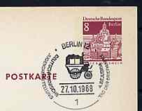 Postmark - West Berlin 1968 8pfg postal stationery card with special cancellation for Postal Exhibition at Karstadt illustrated with Mailcoach, stamps on , stamps on  stamps on postal, stamps on  stamps on stamp exhibitions, stamps on  stamps on mail coaches